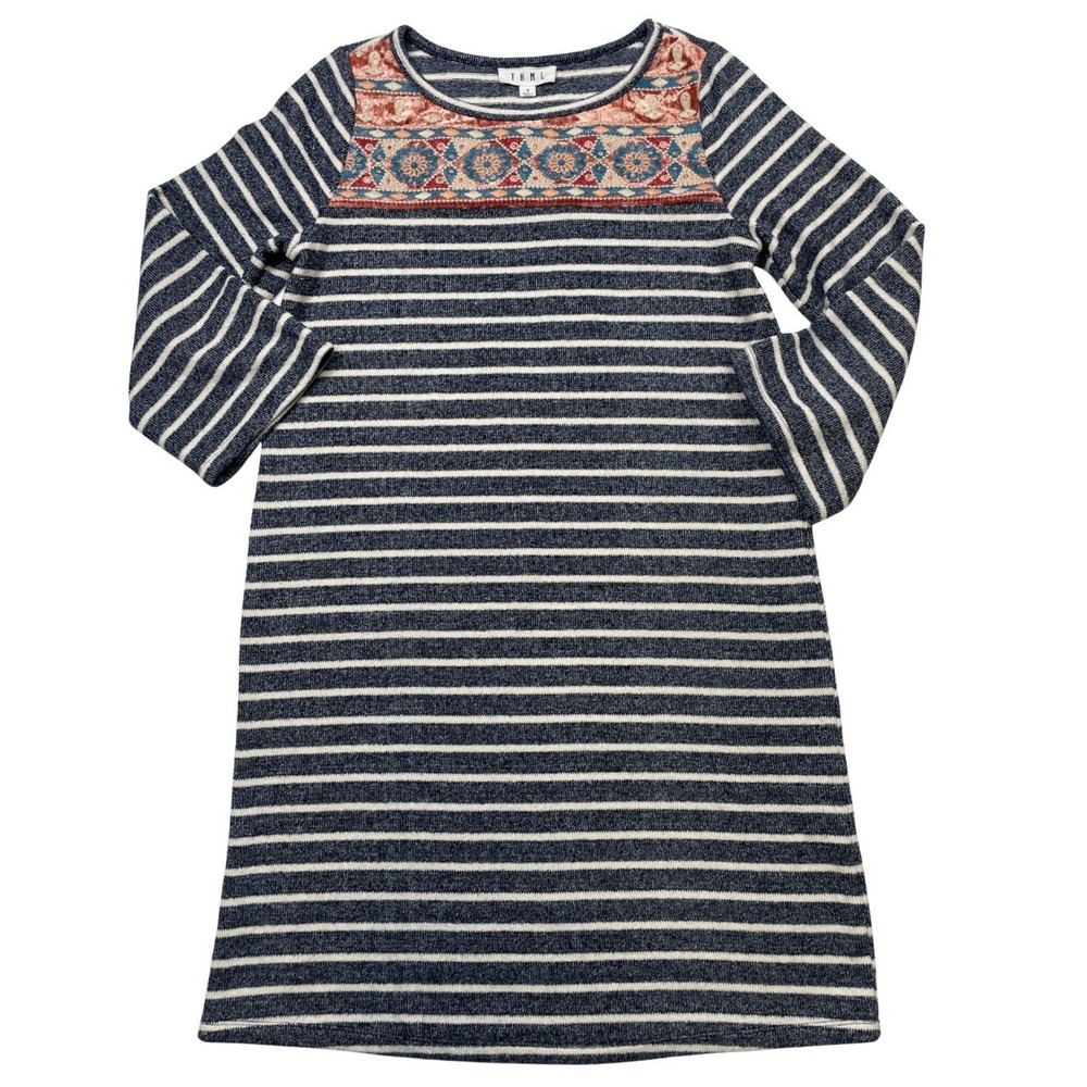 THML Women's Small Boho Knit Aztec Velour Embroidered Knit Sweater Dress Striped
